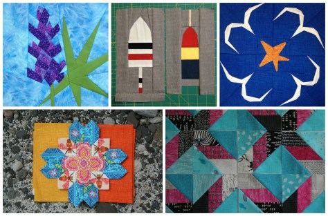 Recent quilty works, from top left to right: 1. Lupine paper piecing pattern, 2. Buoys 1 & 2 paper piecing patterns, 3. Circling gulls paper piecing pattern, 4 (bottom left). Lucy Boston Patchwork of the Crosses, 5. My first quilt made for myself... still in progress!