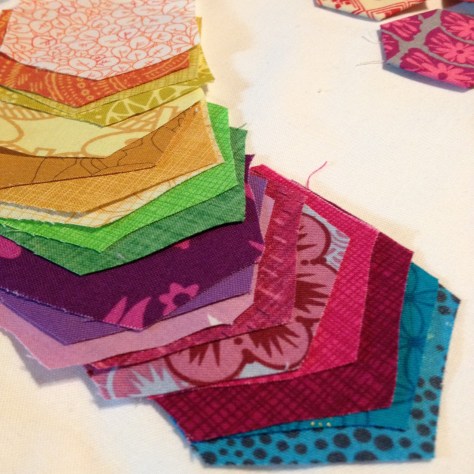 evolution of a modern hexies mini quilt