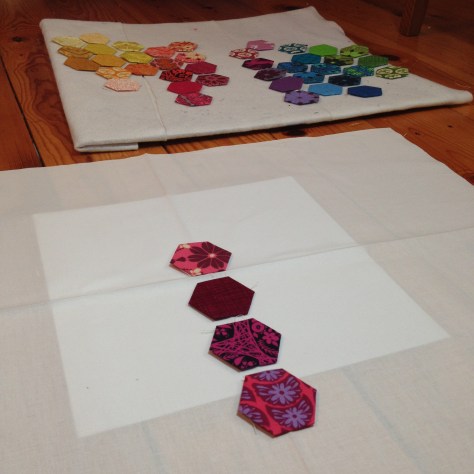 evolution of a modern hexies mini quilt