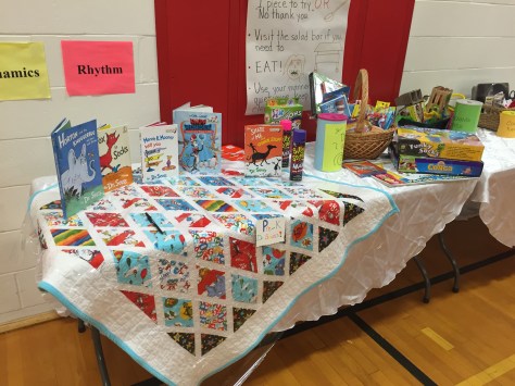 dr seuss quilt displayed for raffle