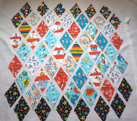 dr seuss fabric diamonds quilt in progress