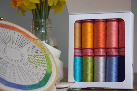 dropcloth sampler and aurifil 12wt thread by bari j