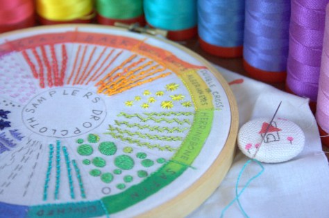 dropcloth rainbow wheel embroidery sampler and 12wt aurifil